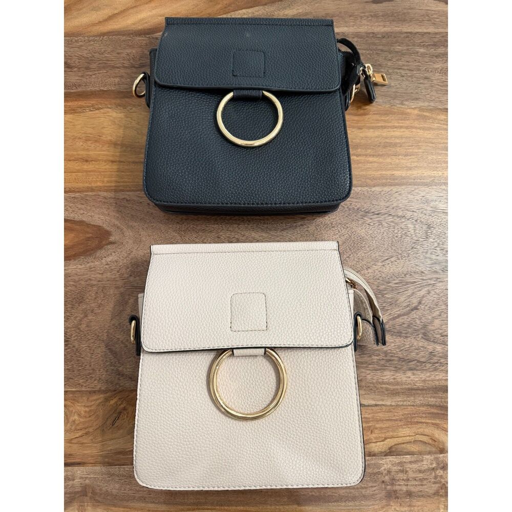 Set of 2 Crossbody Bags Black Beige Gold Ring Accent Shoulder Purse